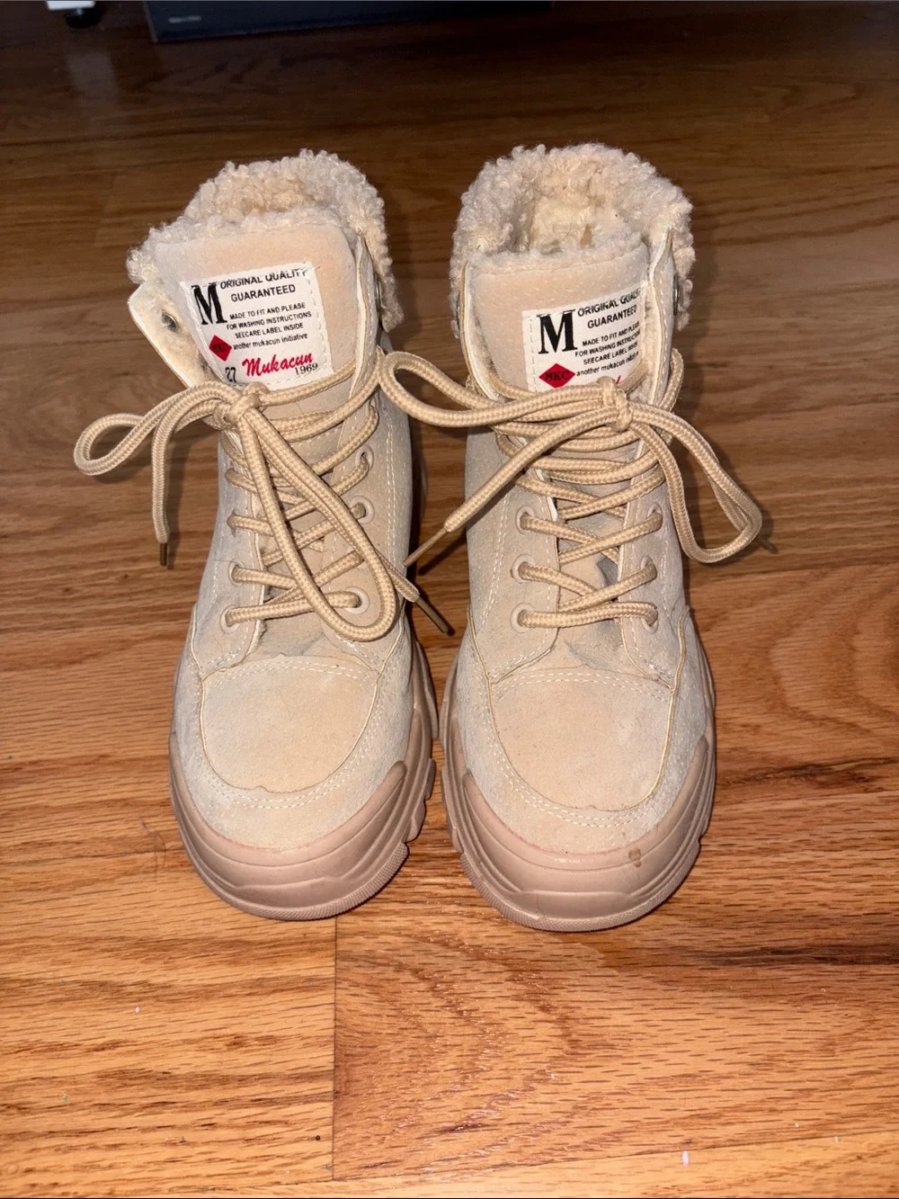 Cream Lace-Up Sherpa Winter Boots
